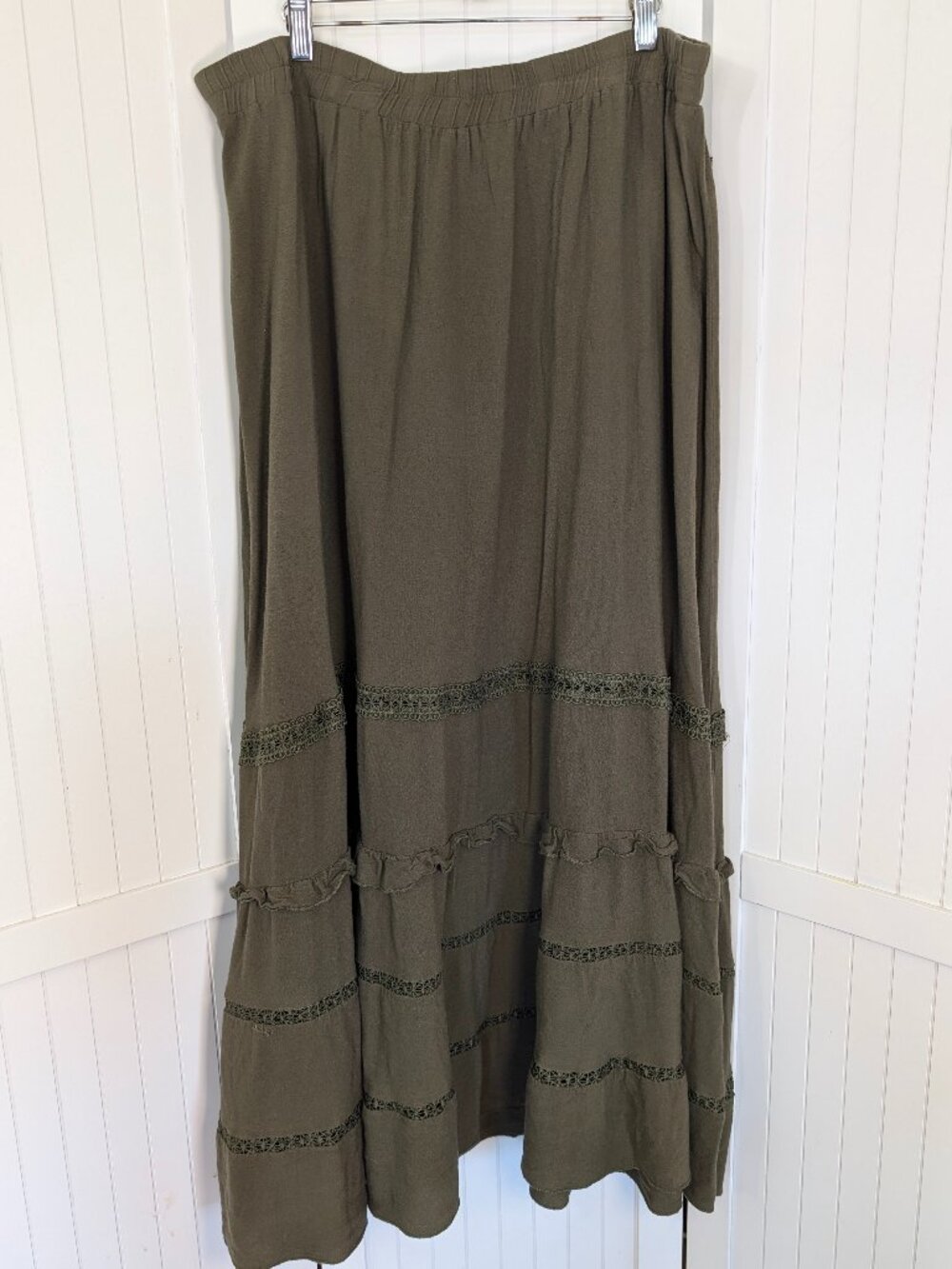 Simplee Plus Olive Green Tiered Maxi Skirt Boho Crochet Trim 4XL